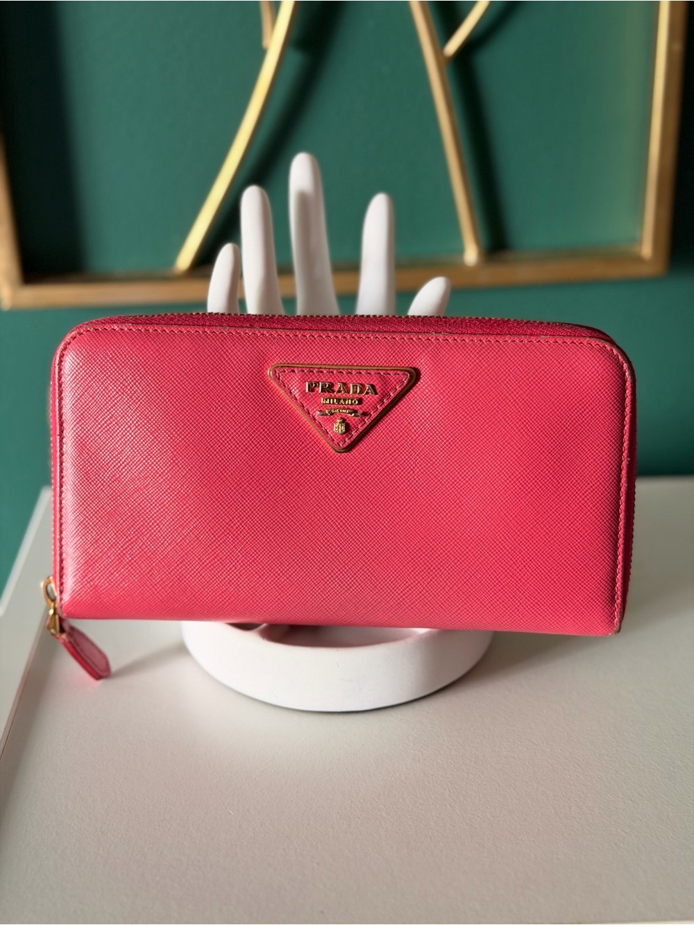 Prada Pink Saffiano Zip Wallet with Gold Logo